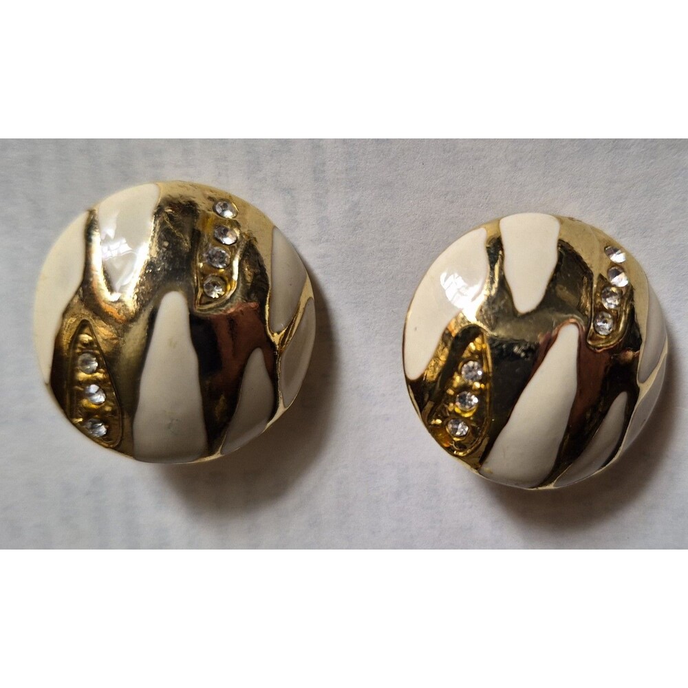 Vintage Women's Gold Enamel Rhinestone Earrings Clip On Back Statement